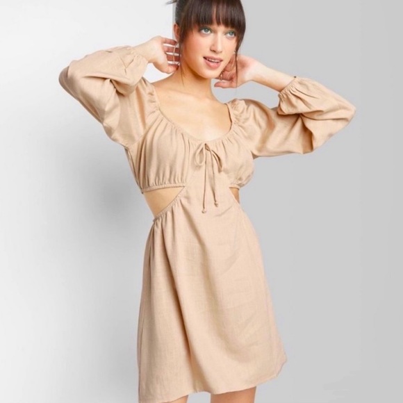 Light Taupe Linen Cut Out Sexy Cocktail Dress NWT - Picture 3 of 16